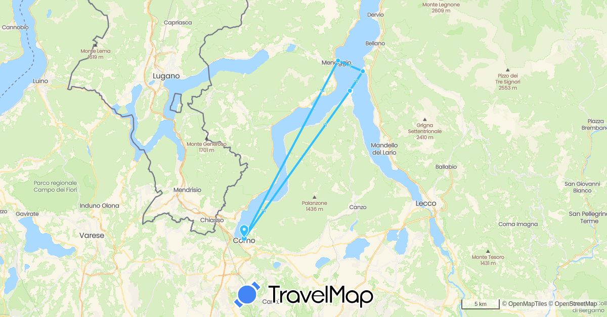TravelMap itinerary: hiking, boat in Italy (Europe)