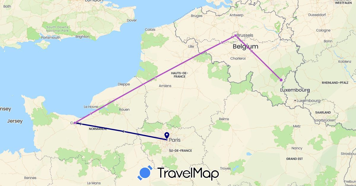 TravelMap itinerary: driving, train in Belgium, France (Europe)